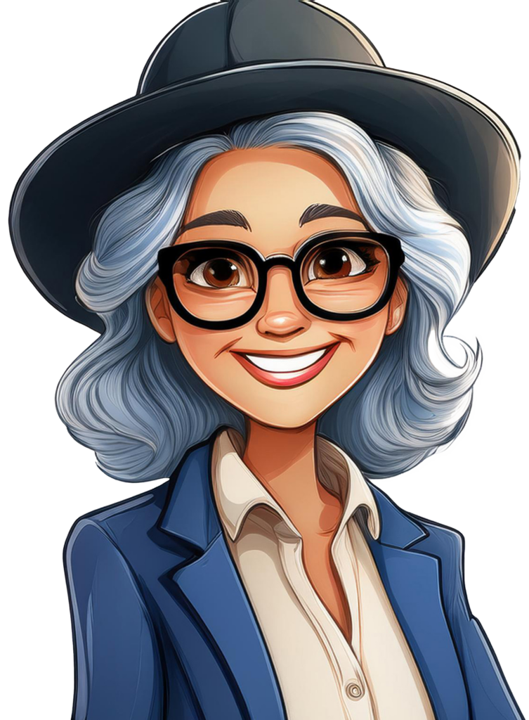 cartoon graphic of Laura Clippard, woman with gray hair, wearing a black had and blue blazer.