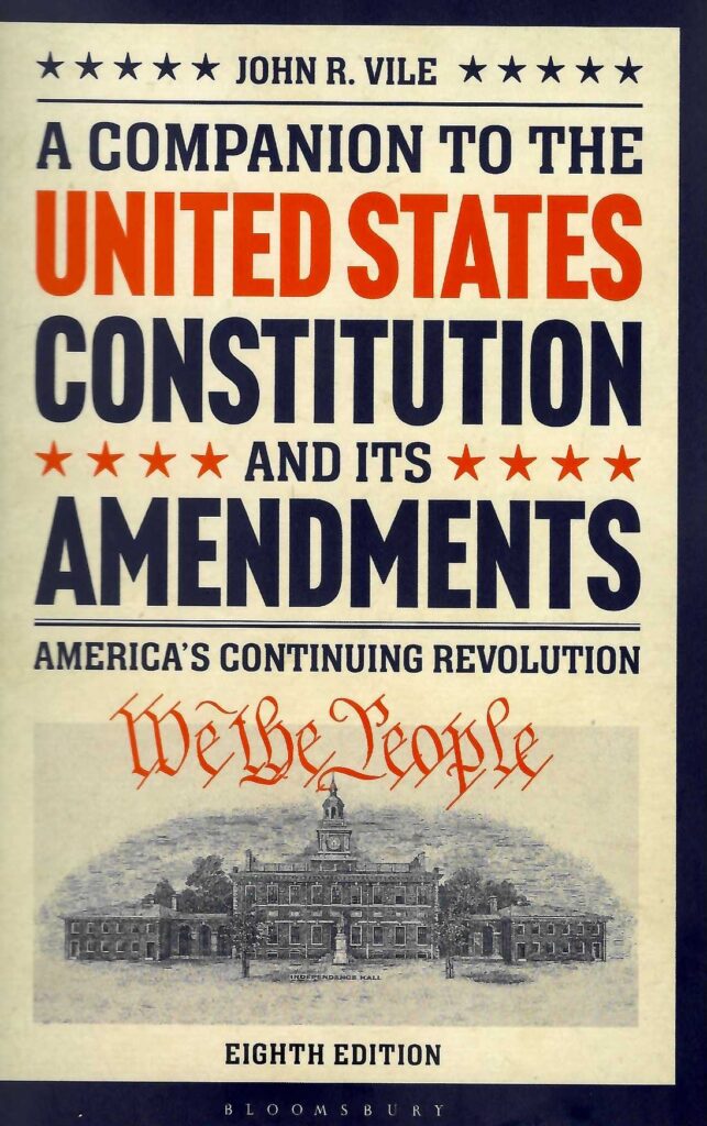 The 8th edition of "A Companion to the United State Constitution and its Amendments." The cover is parchment0style paper on a dark blue background. Text is dark blue with US in red and features red and blue stars and a script version of "We The People"